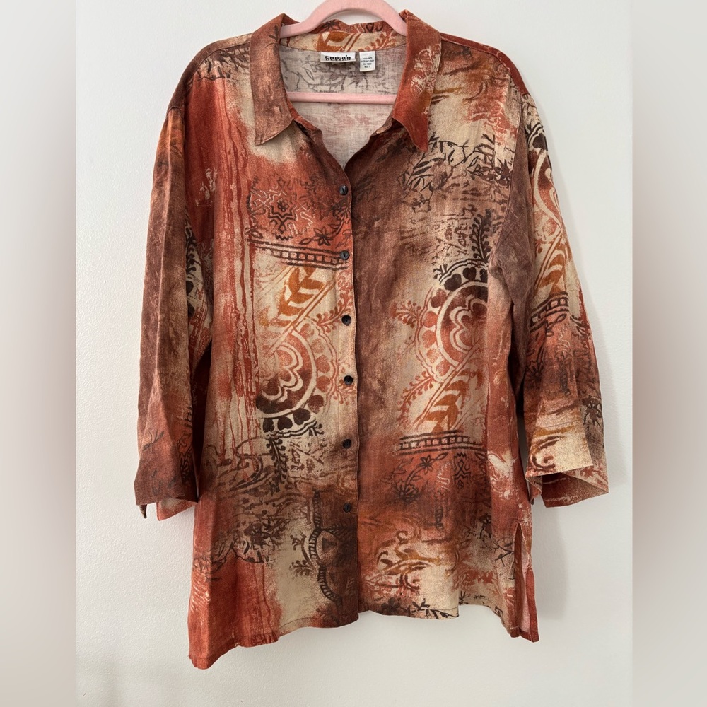 Chico’s Design 100% Linen Vintage Rust/Leaf Size 3/XL/16  Button up 3/4 Sleeve